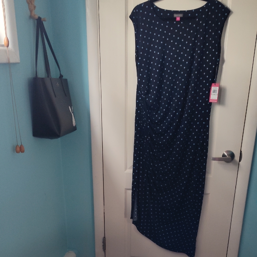 Vince Camuto Navy Midi Dress With Light Blue Polka Dots